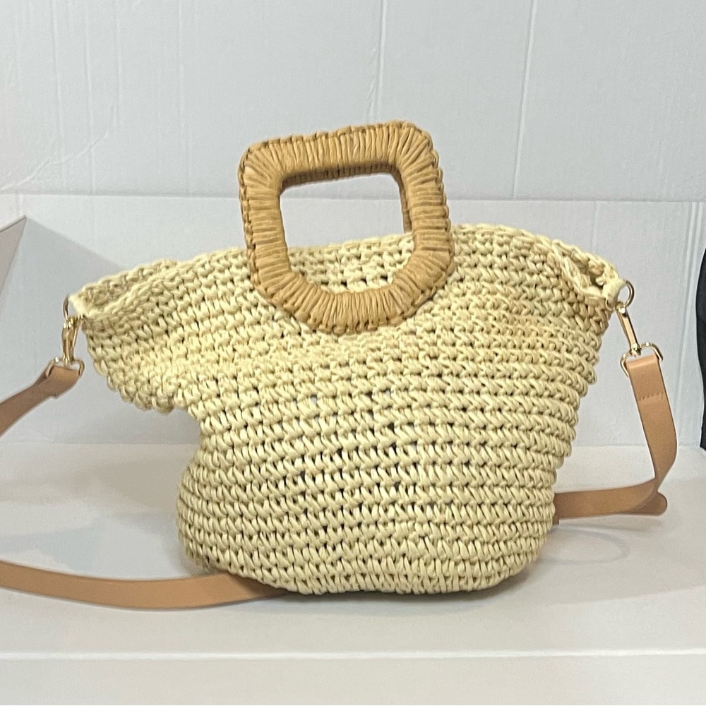 Zara Beige Woven Straw Crossbody Bag with Tan Leather Strap - Picture 2 of 11